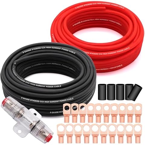 Taukealugs 8 Gauge Wire Copper Clad Aluminum CCA (50FT Each for Black/Red) with 8ga lugs,60A Fuse Holder and Heat Shrink Tube - Power/Ground Cable,Audio Speaker,Trailer Amp Wiring kit Cover