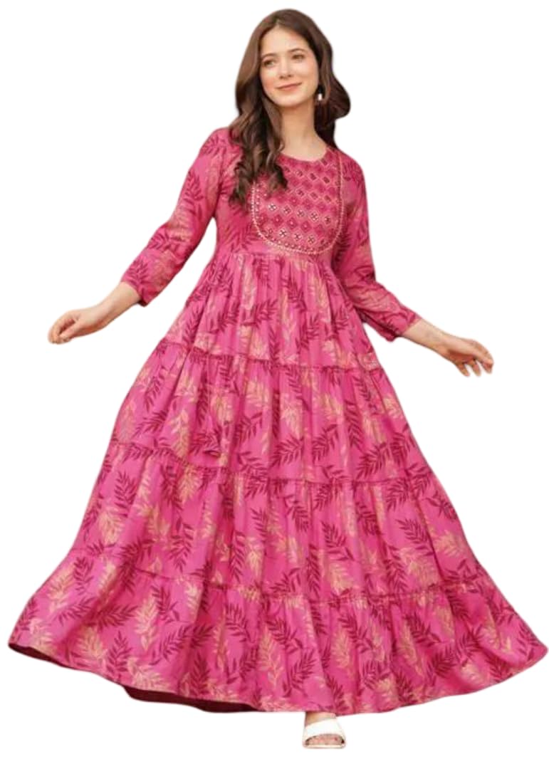 Women's Stylish Long Pink Dress Beautiful Floral Print with Front Mirror Embroidery | Ethnic Dress