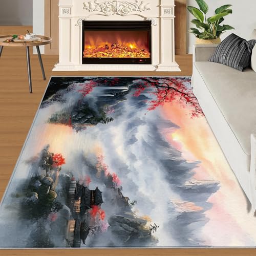 Classical Chinese Area Rugs 4x5 - Landscape Scenery Rug for Entryway, Retro Elegant Washable Entry Way Rugs Kids Carpet for Inside House Playroom Living Room End Table Nursery