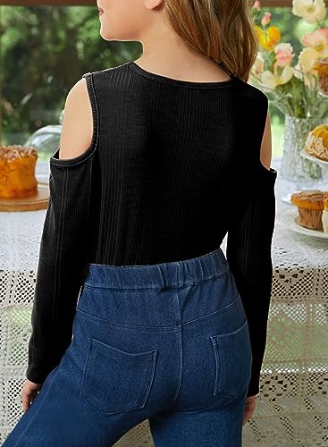 SELINK Girls Cold Shoulder Long Sleeve Top Fall Ribbed Knit Tee Shirt Casual Tunic Tops Blouse4