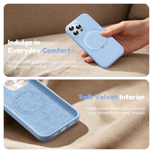 Image of Silicone 360 Spin Magnetic Stand Case for iPhone 16 Pro Max, [Compatible with Mag-Safe][Reinforced Hard Camera Protection] Liquid Silicone Rubber Phone Cover with Ring, Camera Button, Sky Blue