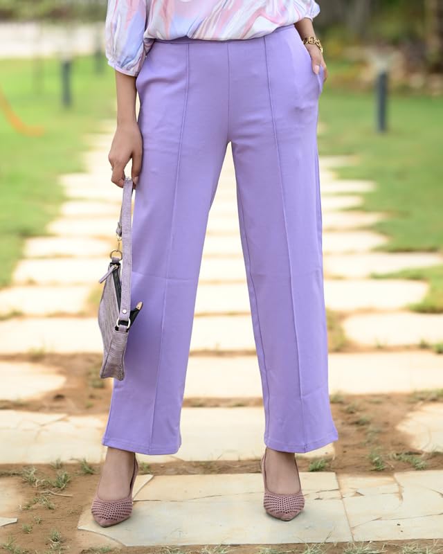 Image of Mlada Mid Waist Wide Leg Flared Pants Elastic Waist Band for Women Office Work Formal Wear Stretch Cotton Knit Flare Pants Utility Pockets Extra Flare Pants Trousers for Travel