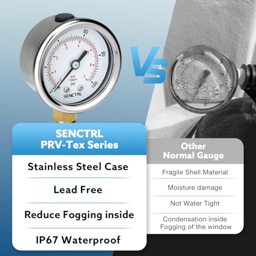 Image of SENCTRL 100 Psi Lead-Free Pressure Gauge, 2 inch Dial, 1 /4 NPT Lower Mount, Anti-Fog, Waterproof, Stainless Steel Case, for Home Potable Water Tank, Well Pump, RV Regulator, Espresso, Pool Filter Test
