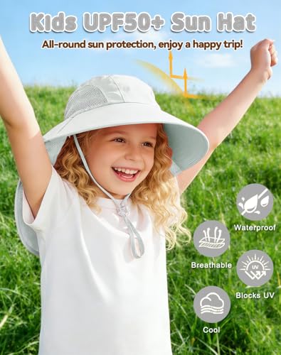 Image of Rosoz Kids Sun Hat with Neck Flap UV Protection Summer Toddler Beach Hat Unisex Ponytail Hat Wide Brim Fishing Hat