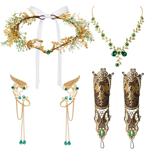 Liliaafar 4 Pcs Fairy Elf Renaissance Accessories Set Headpiece Elf Ear Cuffs Fingerless Gloves Necklace for Women Cosplay (Green)