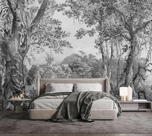 YQWDMX - Black and White Vintage Jungle Living Room Wallpaper
