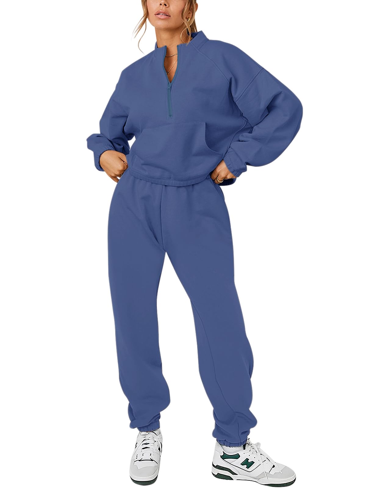 REORIA Tuta da donna in cotone con colletto alla coreana, a maniche lunghe, mezza cerniera, due pezzi, con tasca a marsupio, Blu scuro, XL