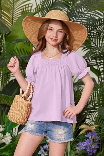 Image of BesserBay Girls Summer Puff Short Sleeve Square Neck Tee Shirts Ruffle Smocked Blouses Cute Swiss Dot Tops 5-14 Years