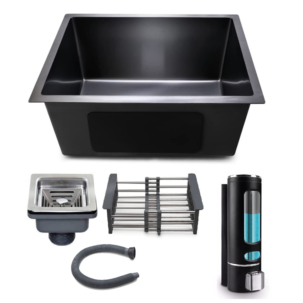 Messina Premium Handmade 24x18x10 Undermount Stainless Steel Kitchen Sink with Matte Finish - Durable, Deep Single Bowl Design with Black Dispenser