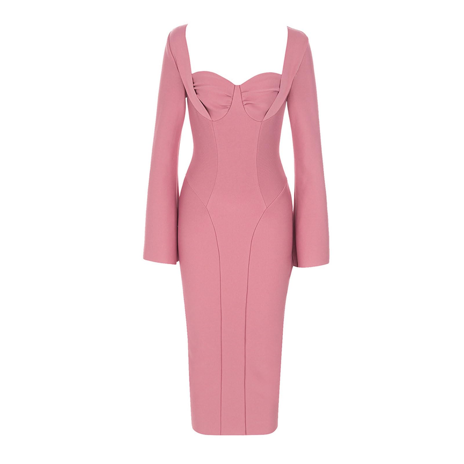 Vestido De Noche Elegante para Mujer, Corte Entallado, Manga Larga, Ajustado, para Fiesta, Club, Abertura En La Espalda,Pink-S