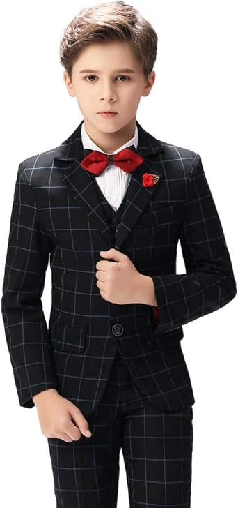 5 Piece Boy's Formal Plaid Suits Jacket+Vest+Pants+Shirt+Tie Kids Slim Fit BoysSuits Kid Toddler Tuxedo