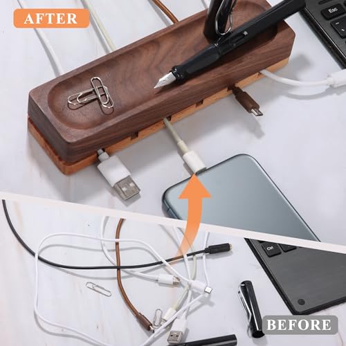 Magnetic Cord Holder with 6 Slots - Walnut & Beech Wood Cable Organizer for Lightning, USB, USB-C, Stick-on Design for Desk, Under Desk, Nightstand - Image 7