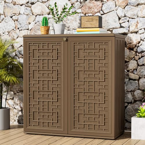 Image of KINYING Outdoor Storage Cabinet Waterproof, Resin 62 Gallon Storage Box for Patio Furniture Cushions, Garden Tools, Pool Accessories (Dark Brown with 1 Shelving)