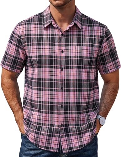 COOFANDY Men's Plaid Shirt Short Sleeve Casual Button Down Shirts Wrinkle Free Dress Shirt with Pocket