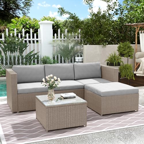 Merax Salon de jardin en polyrotin, ensemble de meubles de jardin pour balcon pour 3-4 personnes, salon de jardin, groupe de sièges pour l'extérieur avec...