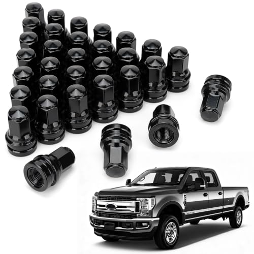 Image of 32Pcs M14x1.5 Black Lug Nuts Fit for 2017-2024 Ford F250 F350 Super Duty, Chrome 21mm Hex, Replace# HCPZ-1012-B HCPZ-1012-A OEM Lug Nut with Attached Washers