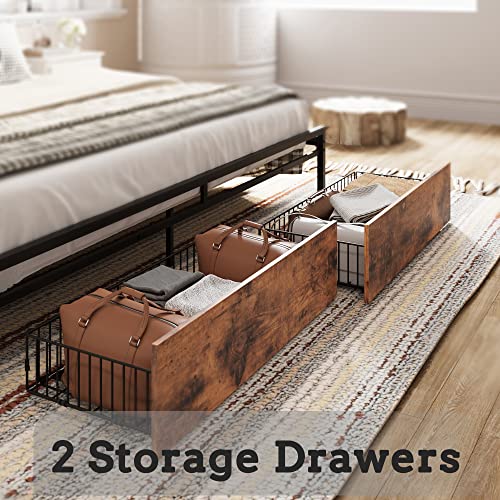 Image of LIKIMIO King Size Bed Frame with 2 Drawers and Charging Station | Platform Bed with Upholstered Storage Headboard, No Box Spring Needed, Easy Assembly, Sturdy, Industrial Brown and Gray