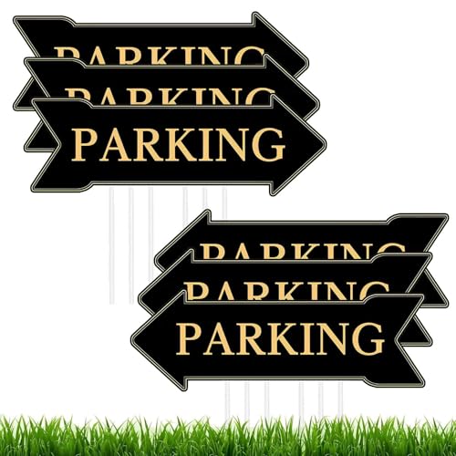 6 PCS Parking Signs 17 x 6 Inch Double Sided Wedding Arrow Parking Signs for Outside Waterproof and Climate Resistant Black and Gold Guest Parking Sign (6)