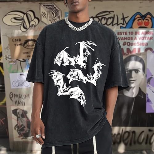 Oversized Mens Graphic Tees Bat Print Vintage Shirt Streetwear Acid Wash Cotton Tshirt Baggy Y2k Short Sleeve Tops3