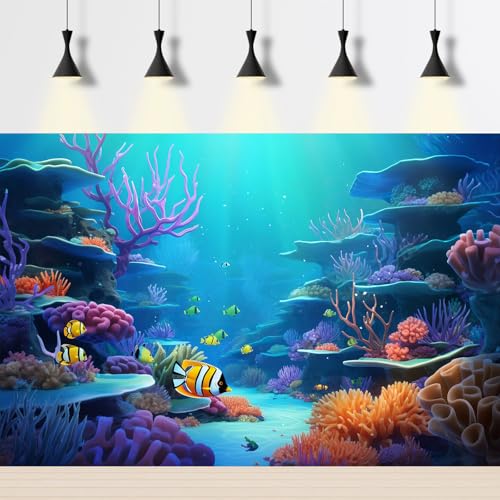 Image of Under The Sea Aquarium Background Tropical Oasis Coral Reef Underwater Marine Life Terrarium Backdrop Deep Ocean with Sunbeams Blue Ocean Fish Tank Background Underwater World Backdrop 30x12in
