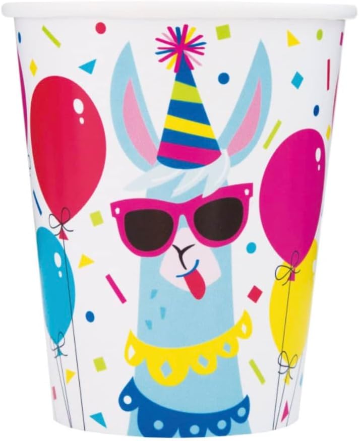 Llama Birthday Multicolor Paper Cups - 9 Oz (Pack of 8) - Vibrant & Fun Party Drinkware, Perfect for Birthday Celebrations