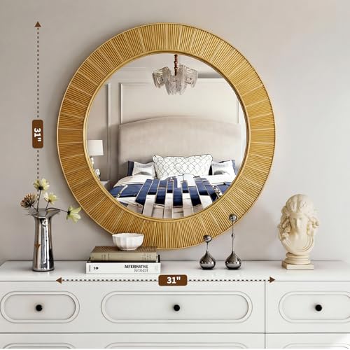 Image of Uniclinens Gold Round Wall Mirror - Modern Large Coastal Round Mirror Decor with Clean Lines, Sun-Shaped Circle Wall Decor Art for Bathroom Entryway Fireplace Living Room Bedroom Hallway,31 inch