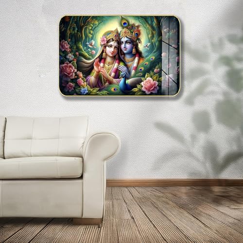 Image of Masstone Radha Krishna Crystal Embedded High Gloss Wall Painting, Golden Slim Frame, 45x30 Cm Wall Art for Living Room, Bedroom, Office & Home Decor (CRG33)