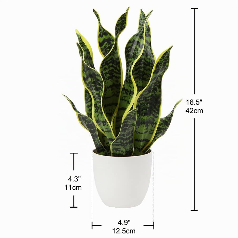 Hollyone Pianta artificiale di serpente in vaso bianco, pianta finta in vaso per tavolo, gialla e verde finta Sansevieria per decorazione domestica, cucina, bagno, soggiorno, decorazioni per mensole