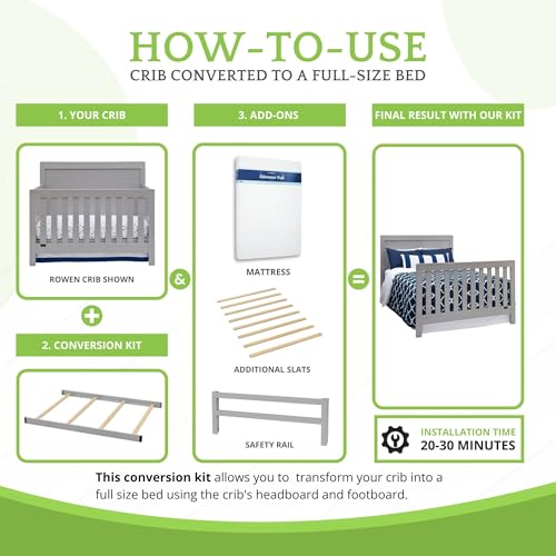 Image of Full-Size Conversion Kit Bed Rails Compatible with Delta Children Convertible Cribs - Solid Wood Rail #0050 - Toddler and Adult Bed Rail for Full-Size Beds - Baby Furniture (Grey - 026)