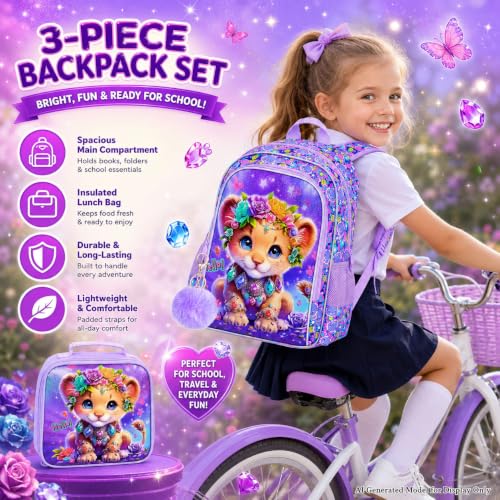 Image of 3Pcs Backpack for Girls, 16 inch Kids Bookbag with Lunch Box,Lion School Backpacks for Elementary Preschool Kindergarten (Purple)