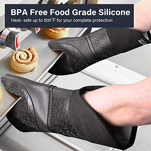 TOPLANET Extra Long Silicone Oven Mitts and Pot Holders Sets, Heat Resistant Oven Mitts with Quilted Liner, Mini Oven Gloves, Trivet Mat, Hot Handle Holder for Kitchen Baking Cooking, Black, Pack of 9 - Thumbnail 4