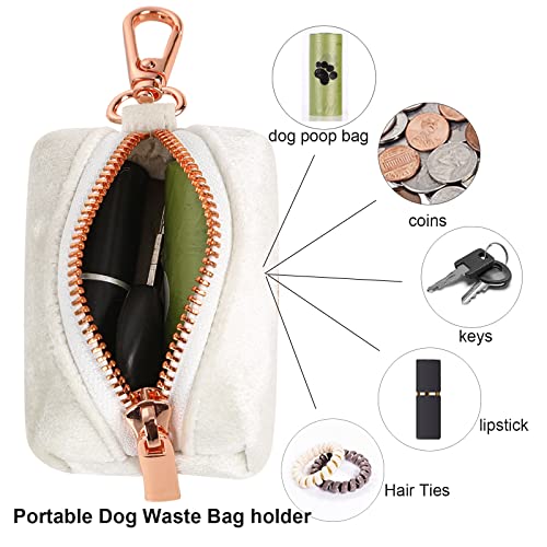 Image of ARING PET Velvet Dog Waste Bag Holder, White Doggy Poop Bags Dispenser Attach to Any Leashes, Portable Washable Pet Waste Pouch Dispenser with Metal Zipper