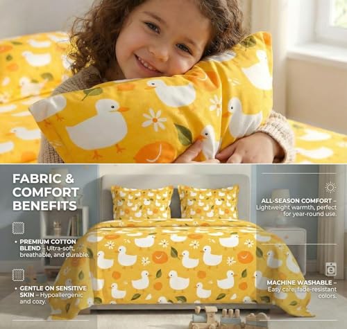 Image of RD FABS Glace Cotton Wrinkle Free Soft Hypoallergenic Elastic Fitted Cartoon Printed Bedsheets for Kids with 2 Pillow(Size,78 x 72 Inches(Fits up to 8 Inch),Yellow Duck),Double Bed,300 TC