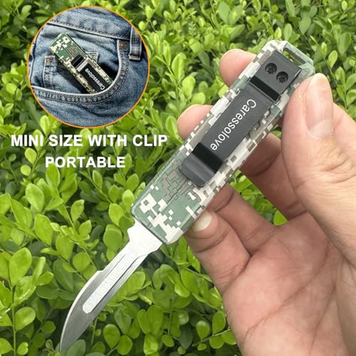 Image of Caressolove Automatic Utility Knife, Safety Black Box Cutter Retractable, EDC Push Button Knife, Exacto Scalpel Knife, 10PCS #23 Razor Blades Pocket Knife with Clip (Camouflage)