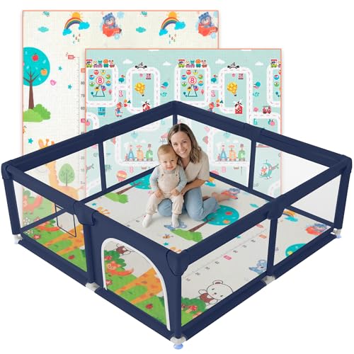 JUPPLIES Parque Infantil Bebe 120x120cm + Alfombra Bebe – Corralito Bebe con Malla Transpirable – Parque de Juegos Bebe Plegable con Puerta Lateral – Playpen Bebe - Azul