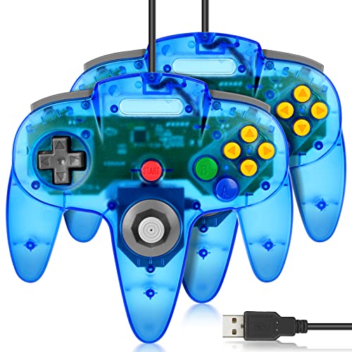 Image of FISUPER 2 Pack USB N64 Controller, Wired Video Game Controller USB Gamepad for Windows PC MAC Raspberry PI Retropie (Clear Blue)