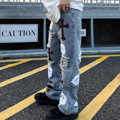 Baggy Jeans Men Grunge Distressed Cross Y2k Jeans Men Washed Ripped Skull Wide Leg Denim Pants Streetwear3