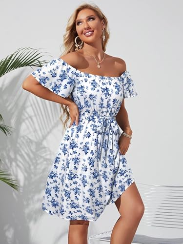 Image of Off Shoulder Ruffle Dress for Women, A-Line Mini Dress with Belt, Fitted Bust Summer Wedding Guest Dress
