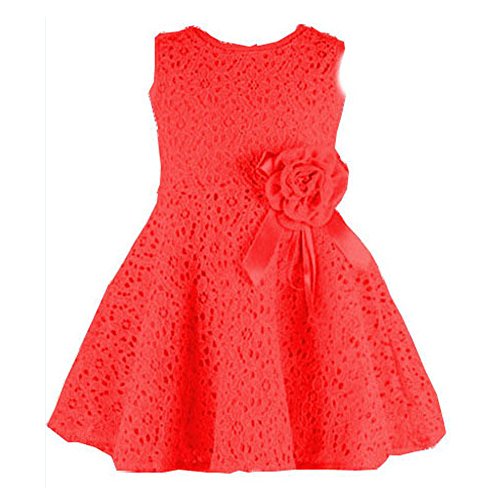 Chinatera Vestidos Casual de Encaje de verano de niña(130, rojo)