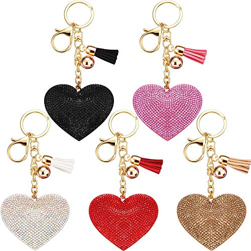 Bling Rhinestone Heart Shape Keychains Glitter Crystal Heart Tassel Keychains Key Rings for Women Girls (Classic Color, 5)