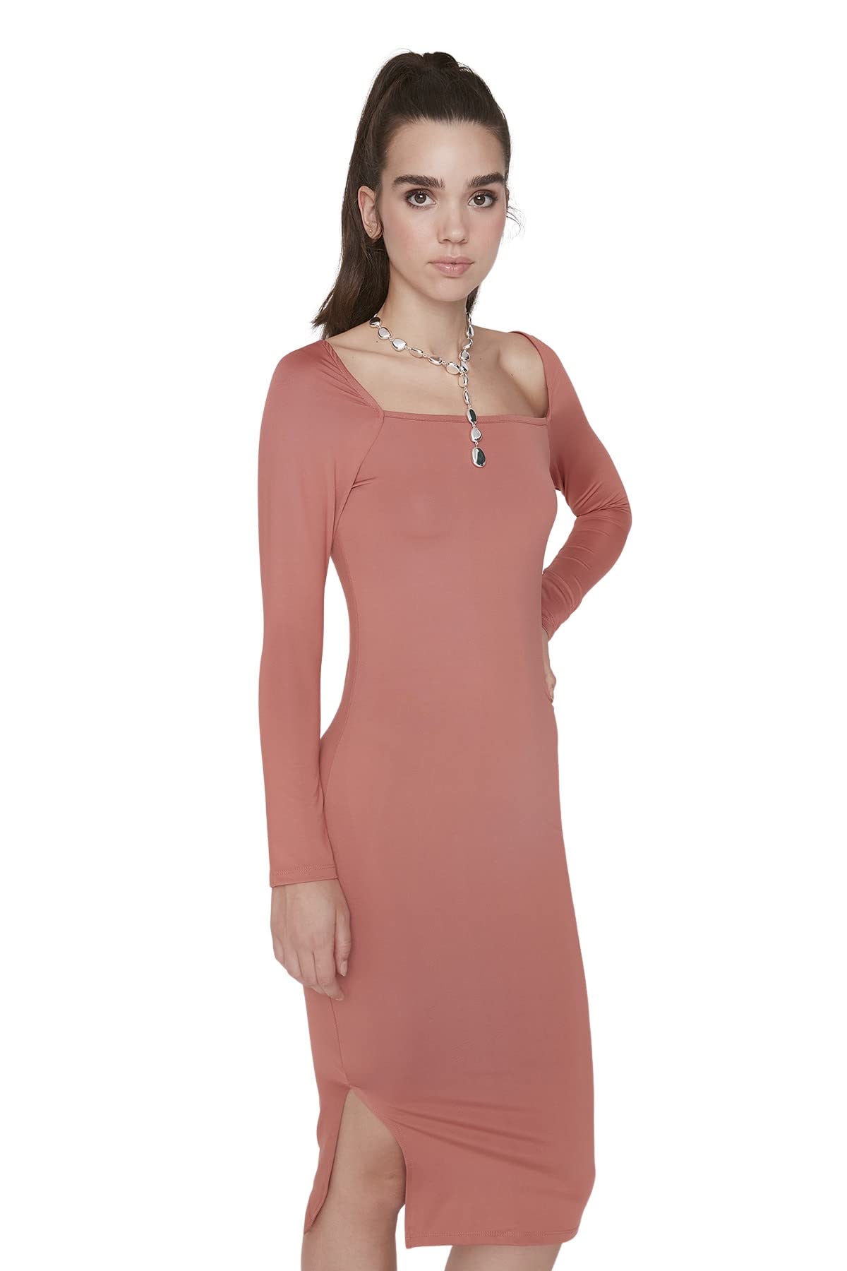 Trendyol Damen Figurbetont Bodycon Karrée-Ausschnitt Gestrickt Kleid, Schwarz, S