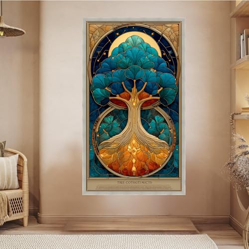 Tableau Arbre de Vie bleu et or 45x80cm pour décoration murale