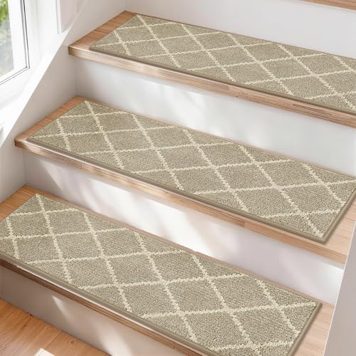 COSY HOMEER Stair Treads for Wooden Steps, Non-Slip Carpet Stair Treads Indoor, Soft Stair Runners with TPE Backing for Kids Elders Pets, 15pc 28'x 9' Beige