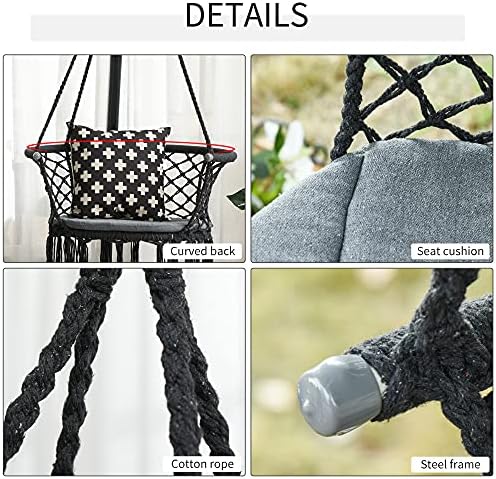 Outsunny Hanging Hammock Chair Cotton Rope Porch Swing with Metal Frame and Cushion, Large Macrame Seat for Patio, Garden, Bedroom, Living Room, Dark Grey