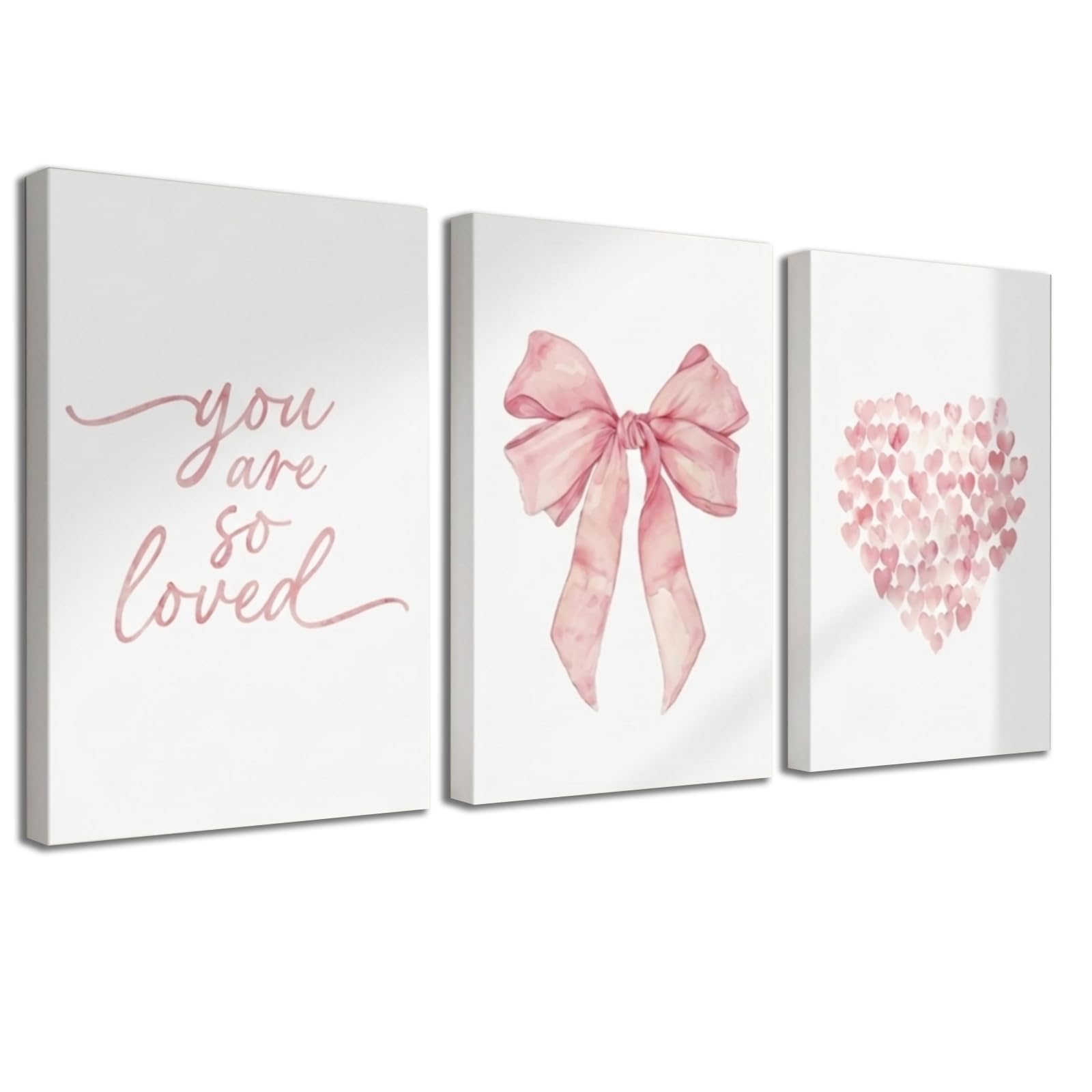 champracer 3er Rosa Poster Set mit Holzrahmen Poster Aesthetic Ästhetisches rosa Herz-Schleifen-Muster Leinwand Wandkunst Mädchen Zimmer Deko (40 * 60cm)