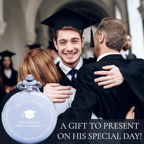 Image of FJ FREDERICK JAMES College Graduation Gift for Him 2026 - Silver Pocket Watch - Engraved 'Class of 2026' - Meaningful High School Grad Gifts for Boys /Son