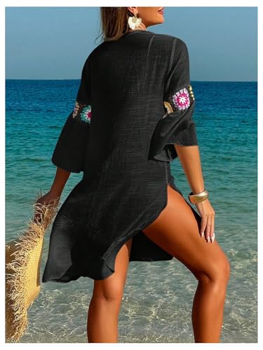 SweatyRocks Women's Floral Crochet Coverups Dress 3/4 Sleeve V Neck Sheer Beach Cover Up Dress2