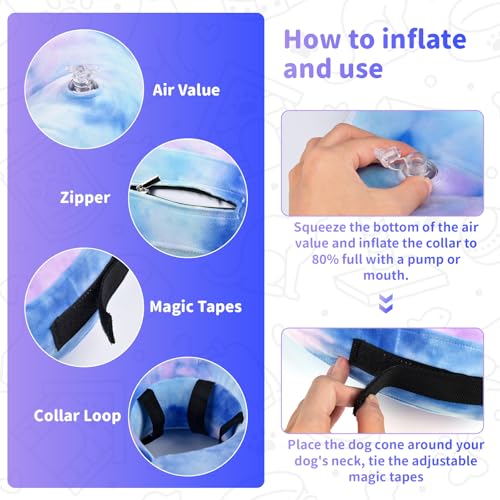 Image of Dog Cone, Y-blue Cone Collar Inflatable Dog Neck Collar Recovery E-Collar Alternative, Cat Donut Collar After Surgery for Dogs and Cats(Purple Blue, M+)