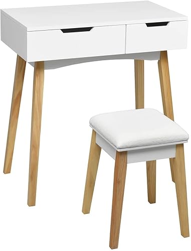 LUARANE - Juego de tocador de tocador, tocador de madera con espejo abatible y taburete acolchado, aplicación multifuncional para dormitorio, baño