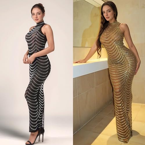 Image of Jigfar Women's Sexy Elegant Rhinestone Embellished Velvet Party Club Night Bodycon Formal Evening Maxi Dress
